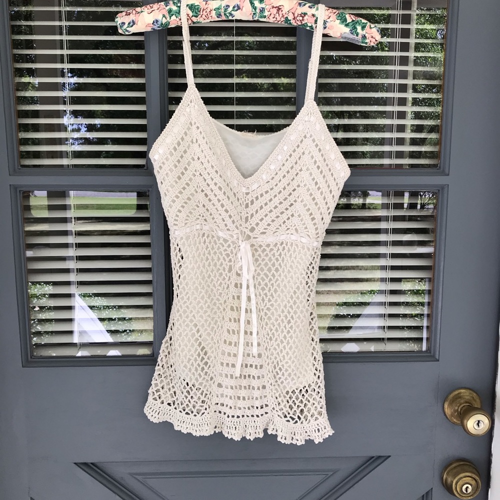 Vintage Ivory Cream Crochet Ribbon Detail Spaghetti Strap Top Size S/M